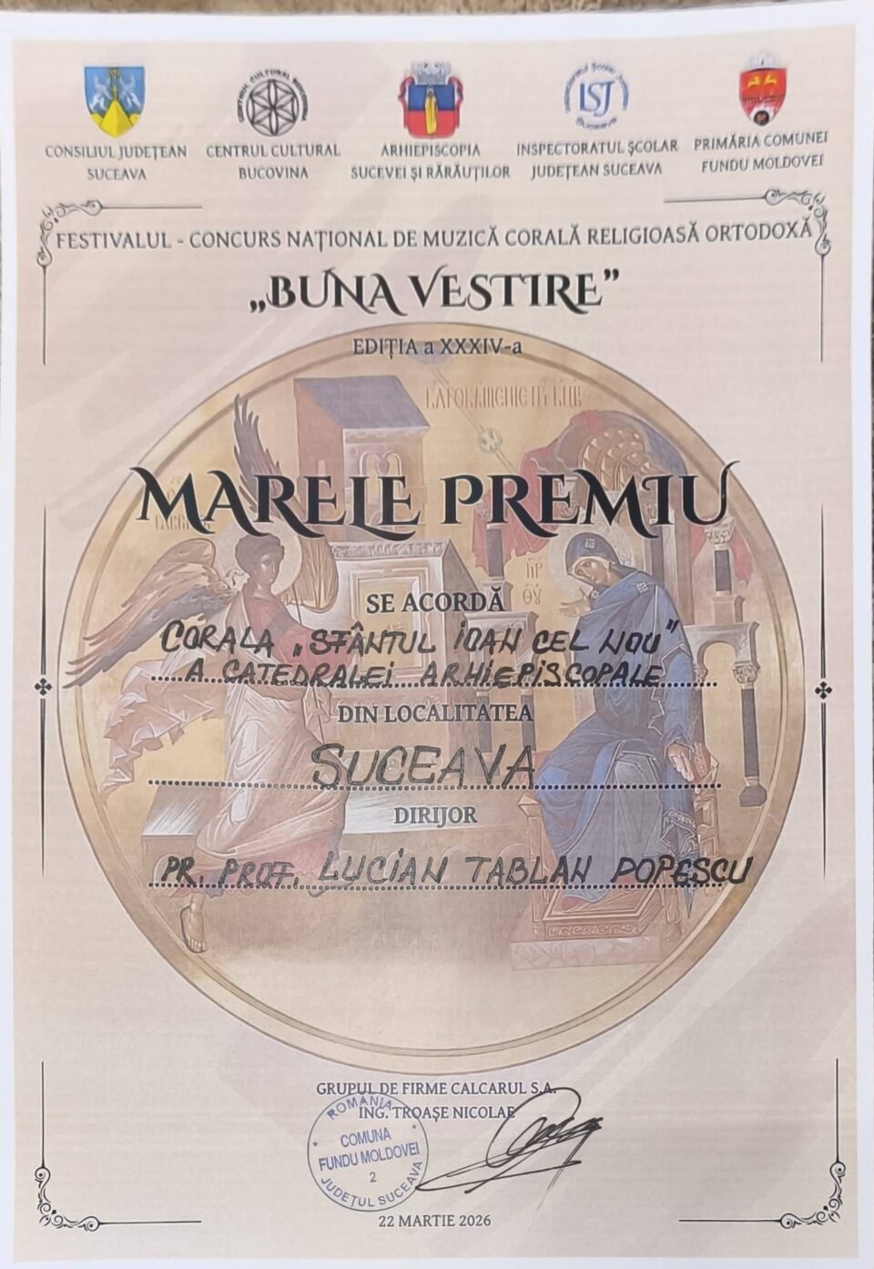 Marele Premiu al Festivalului „Buna Vestire”, câștigat de Corala Arhiepiscopală „Sfântul Ioan cel Nou de la Suceava”