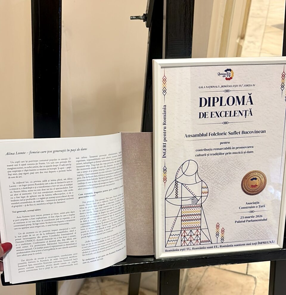 Diplomă de Excelență pentru Ansamblul Folcloric „Suflet Bucovinean”, la Gala Națională „România ești Tu”