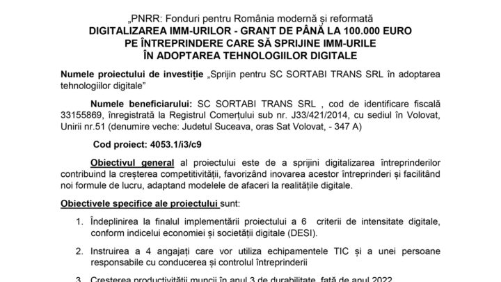 Sprijin pentru SC SORTABI TRANS SRL în adoptarea tehnologiilor digitale