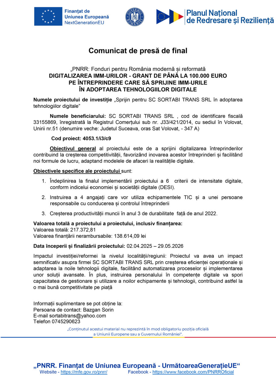 Sprijin pentru SC SORTABI TRANS SRL în adoptarea tehnologiilor digitale