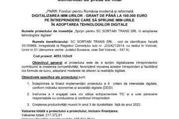 Sprijin pentru SC SORTABI TRANS SRL în adoptarea tehnologiilor digitale Sprijin pentru SC SORTABI TRANS SRL în adoptarea tehnologiilor digitale