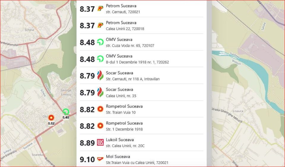 Prețurile la benzină din dimineața zilei de joi