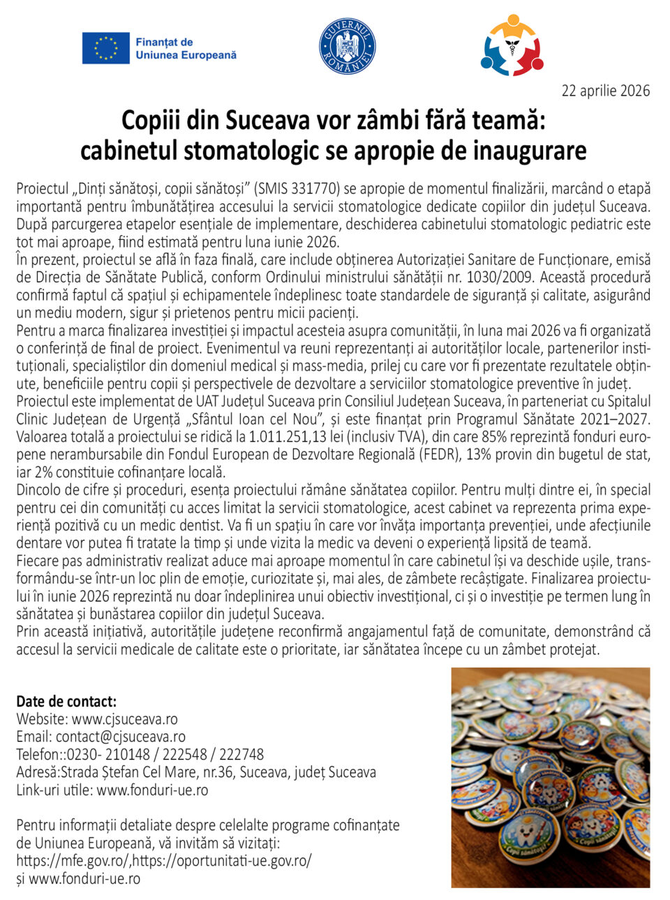 Copiii din Suceava vor zâmbi fără teamă: cabinetul stomatologic se apropie de inaugurare