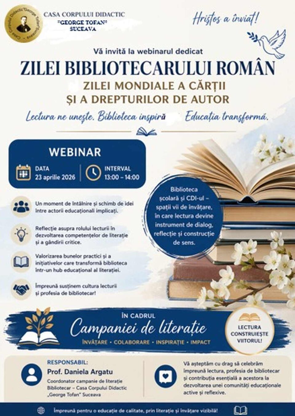 Casa Corpului Didactic „George Tofan” marchează Ziua cărții și a bibliotecarului român