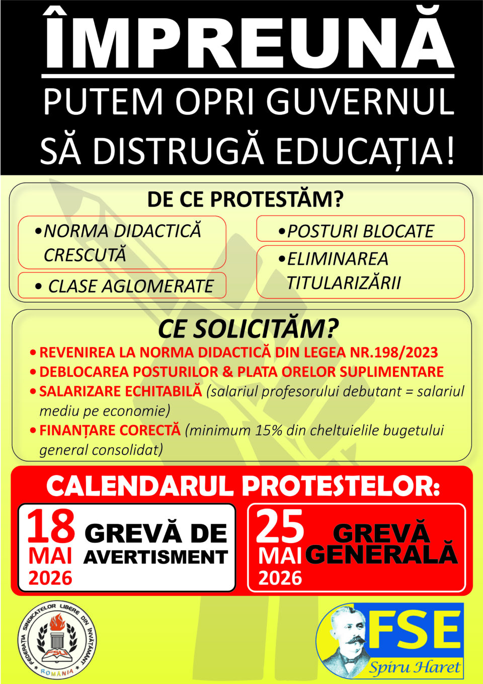 Sindicatele din educație anunță calendarul protestelor: 18 mai – grevă de avertisment, din 25 mai – grevă generală