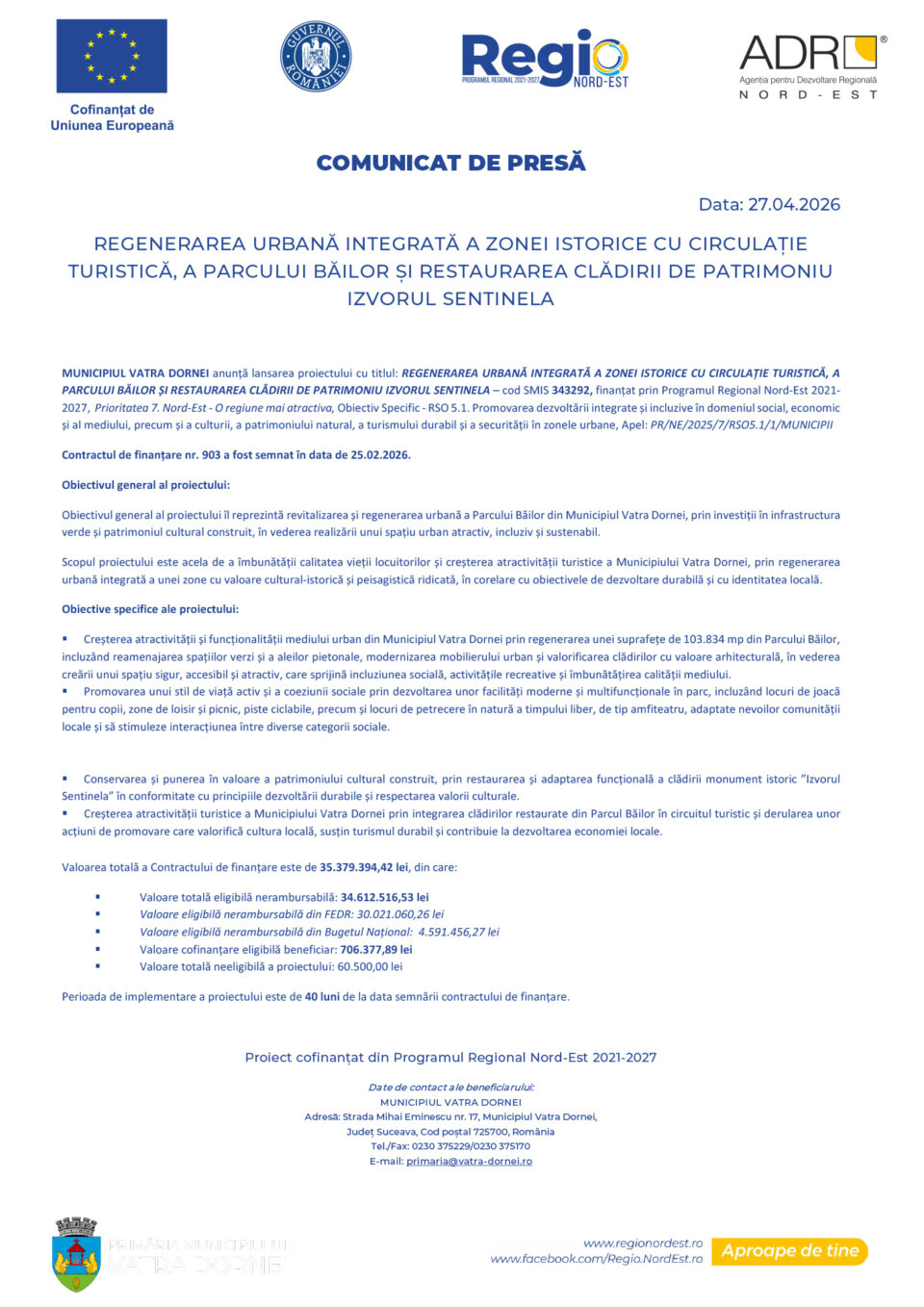 REGENERAREA URBANĂ INTEGRATĂ A ZONEI ISTORICE CU CIRCULAȚIE TURISTICĂ, A PARCULUI BĂILOR ȘI RESTAURAREA CLĂDIRII DE PATRIMONIU IZVORUL SENTINELA