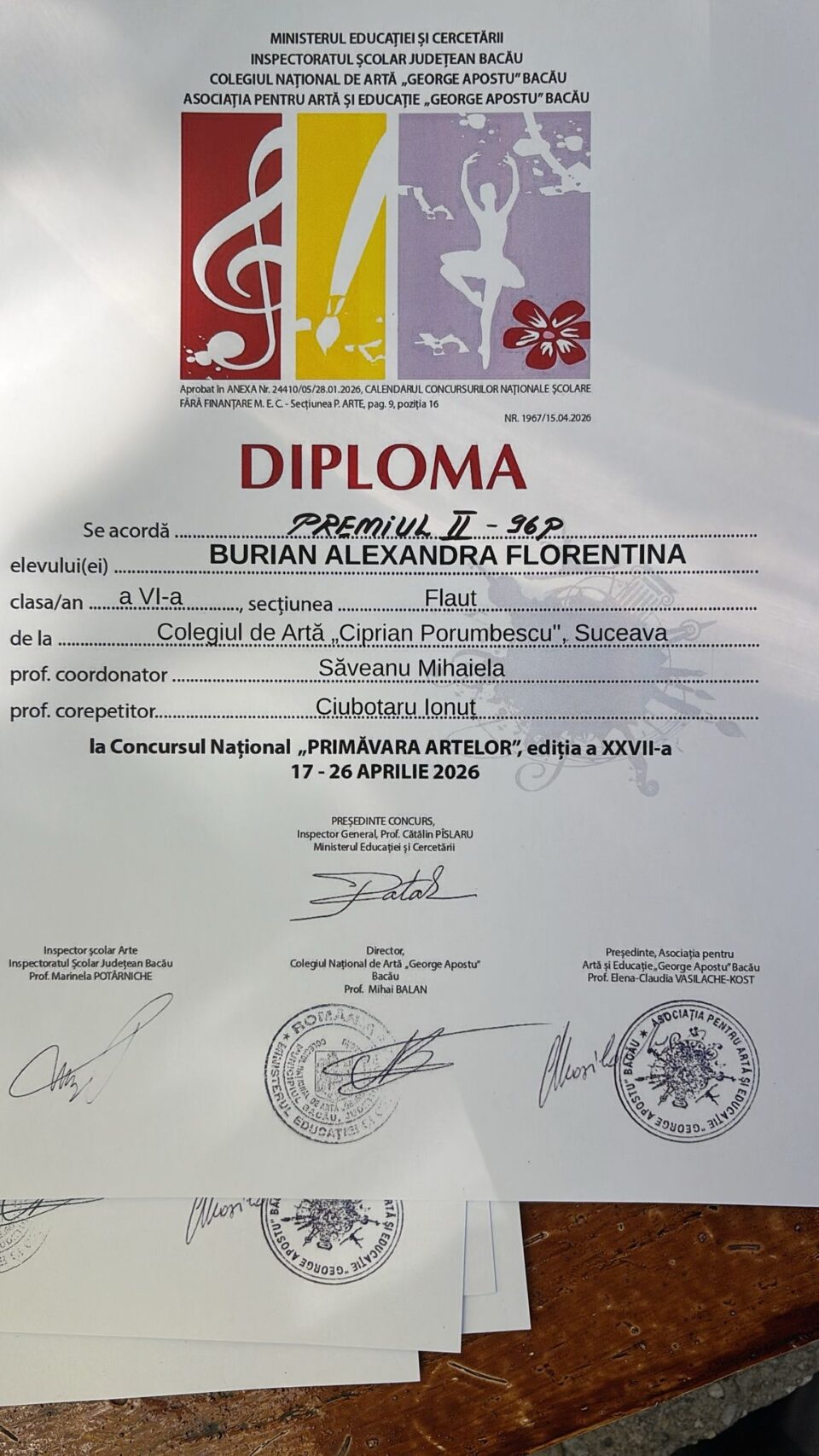 Eleva Florentina Burian a câștigat trei premii la Concursul Național „Primăvara Artelor”, desfășurat la Bacău