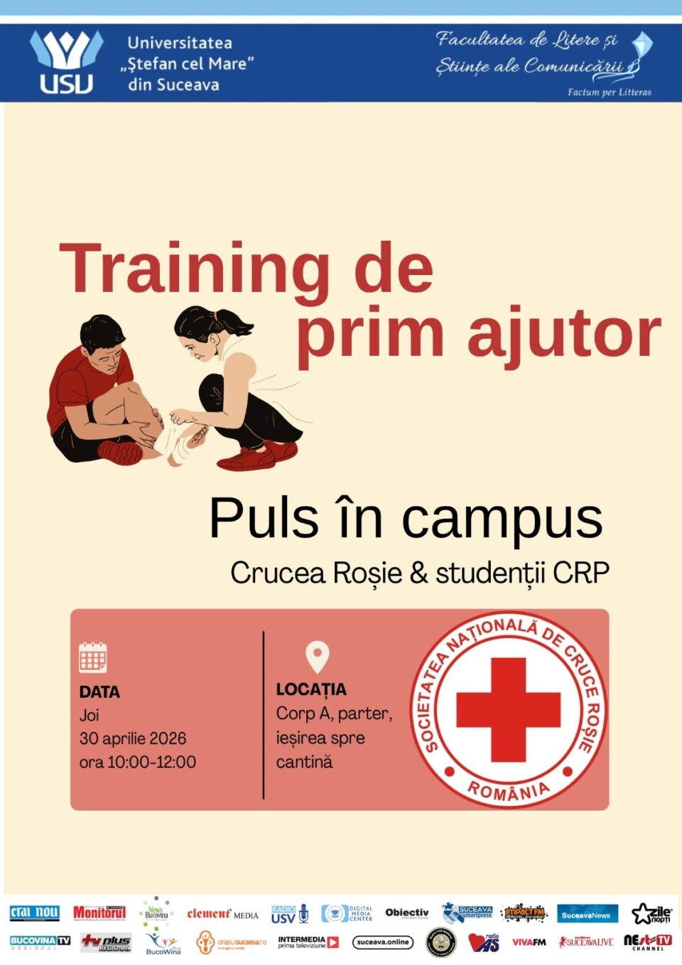 ,,Puls în campus”, un training de acordare a primului ajutor organizat de studenţii USV în parteneriat cu Crucea Roșie