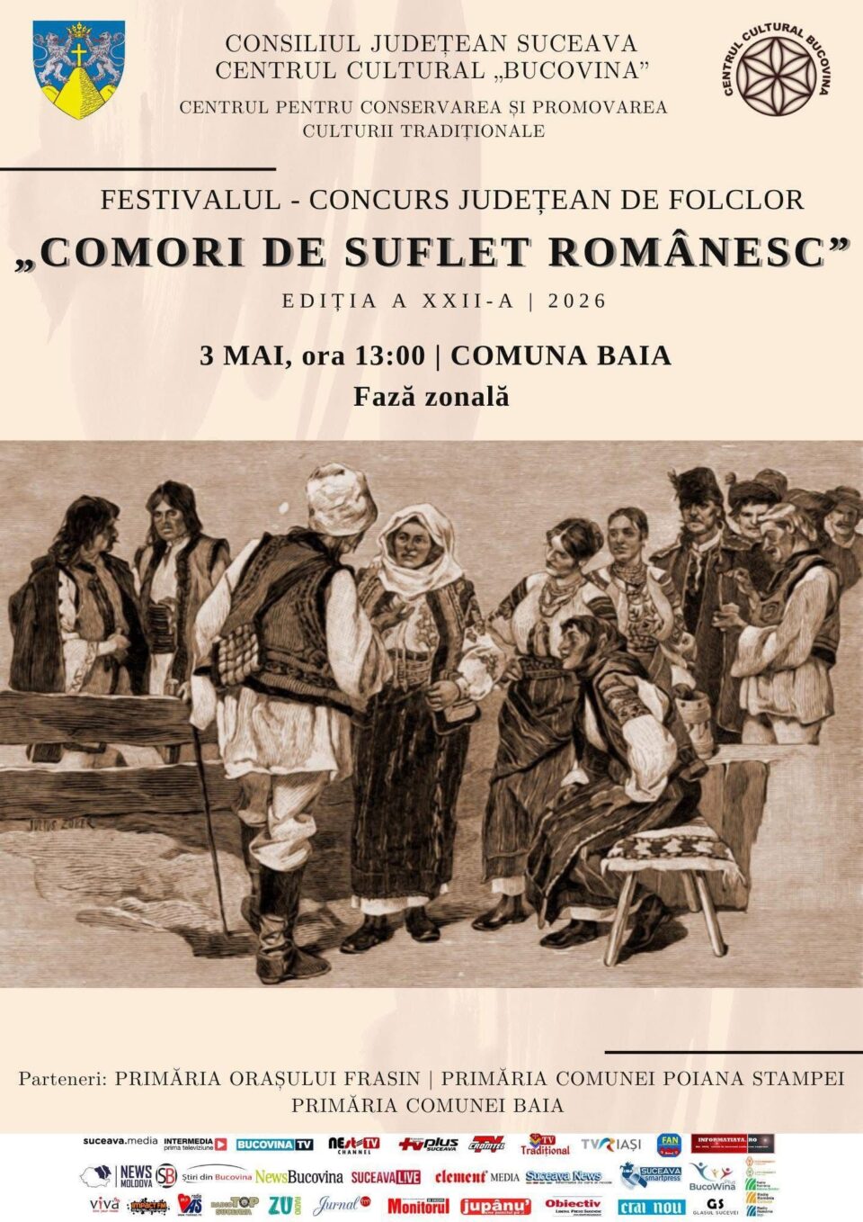 Comuna Baia va găzdui duminică, 3 mai, Concursul Județean de Folclor „Comori de suflet românesc”