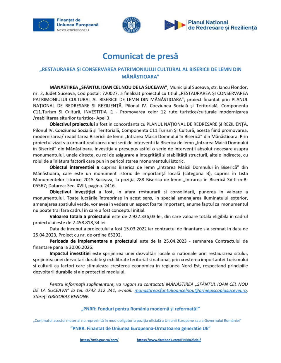 RESTAURAREA ȘI CONSERVAREA PATRIMONIULUI CULTURAL AL BISERICII DE LEMN DIN MĂNĂSTIOARA