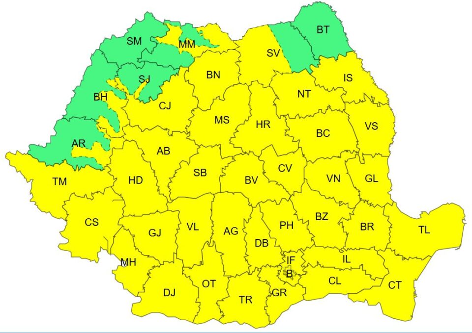 Cod galben de vânt puternic, ploi torențiale și descărcări electrice, până diseară