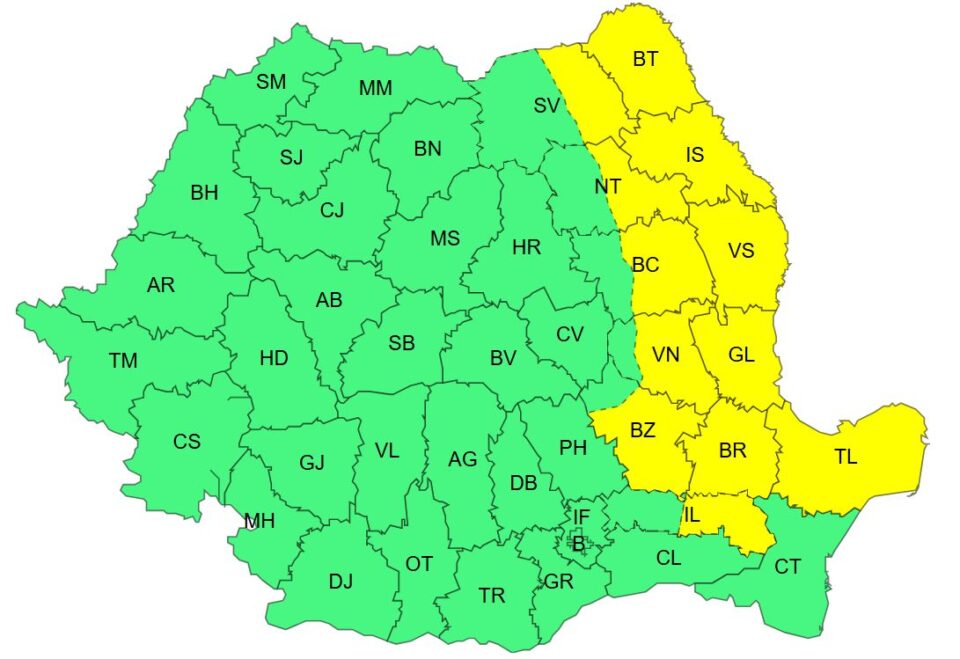 Cod galben de vânt în 11 județe, pentru ziua de miercuri