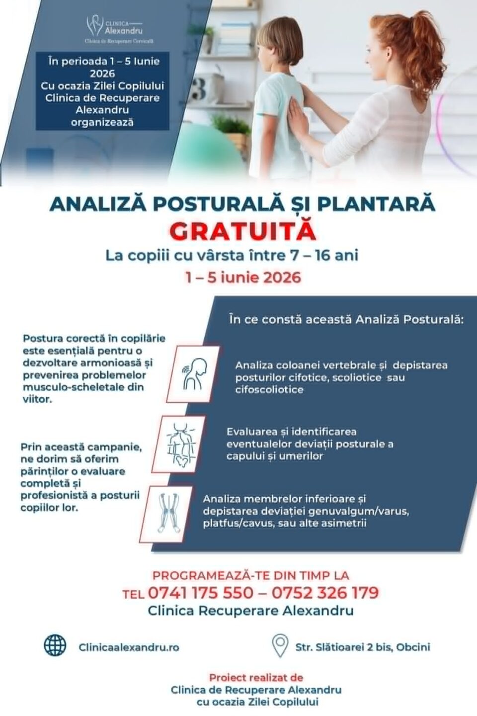 Analiză posturală și plantară gratuită pentru copii cu vârsta între 7 și 16 ani, la Clinica Alexandru, cu ocazia Zilei Copilului