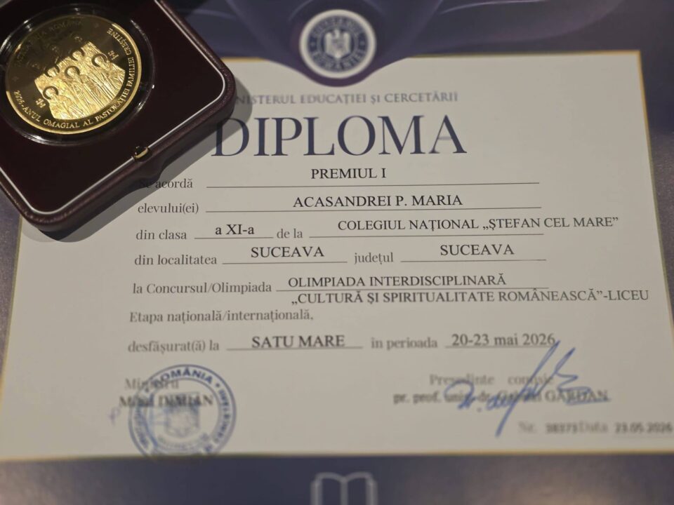 Premiul I câștigat de o elevă de la Colegiul „Ștefan cel Mare” Suceava, la Olimpiada de Cultură și Spiritualitate Românească