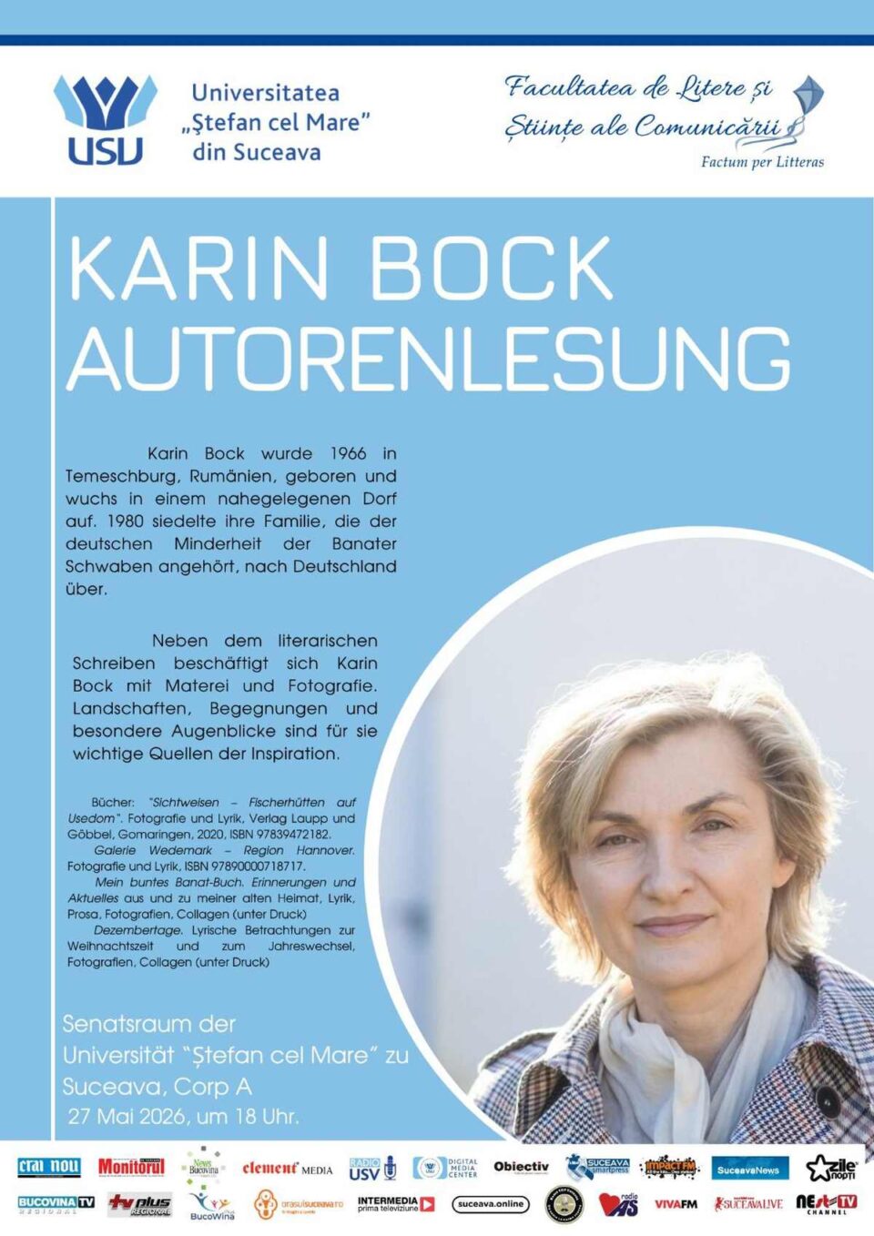 Zilele Germanisticii la USV: autoarea Karin Bock susține astăzi o lectură publică