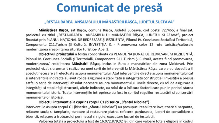 RESTAURAREA  ANSAMBLULUI MĂNĂSTIRII RÂŞCA, JUDETUL SUCEAVA