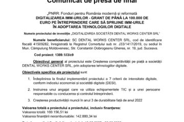 DIGITALIZAREA SOCIETĂȚII DENTAL WORKS CENTER SRL