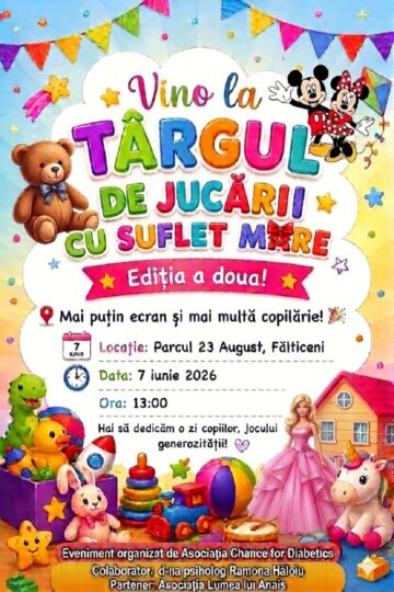 Târg de jucării cu scop caritabil, duminică, în Parcul 23 August Fălticeni