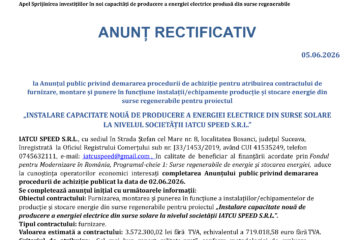 INSTALARE CAPACITATE NOUĂ DE PRODUCERE A ENERGIEI ELECTRICE DIN SURSE SOLARE LA NIVELUL SOCIETĂȚII IATCU SPEED S.R.L.