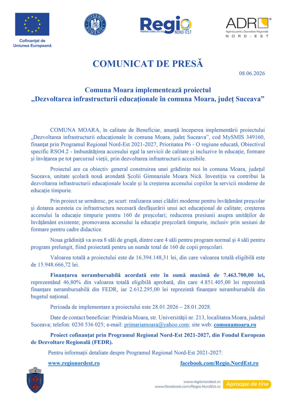 Comuna Moara implementează proiectul „Dezvoltarea infrastructurii educaționale în comuna Moara, județ Suceava” Comuna Moara implementează proiectul „Dezvoltarea infrastructurii educaționale în comuna Moara, județ Suceava”
