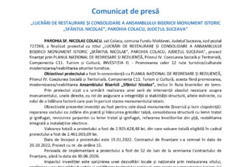 „LUCRĂRI DE RESTAURARE ȘI CONSOLIDARE A ANSAMBLULUI BISERICII MONUMENT ISTORIC „SFÂNTUL NICOLAE”, PAROHIA COLACU, JUDEȚUL SUCEAVA” „LUCRĂRI DE RESTAURARE ȘI CONSOLIDARE A ANSAMBLULUI BISERICII MONUMENT ISTORIC „SFÂNTUL NICOLAE”, PAROHIA COLACU, JUDEȚUL SUCEAVA”