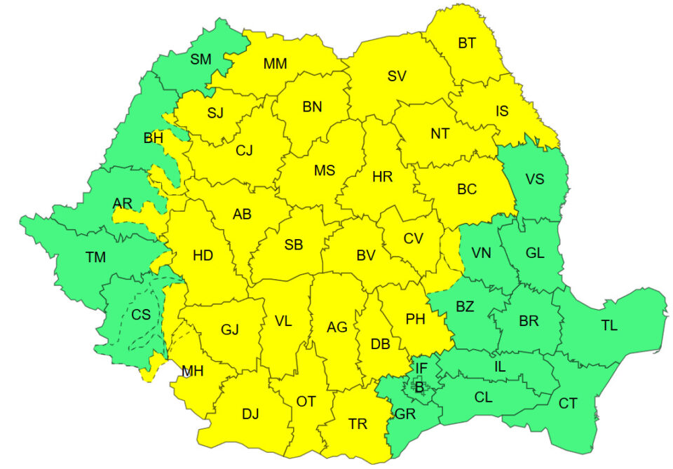 Cod galben de fenomene cauzate de instabilitate atmosferică și de ploi puternice