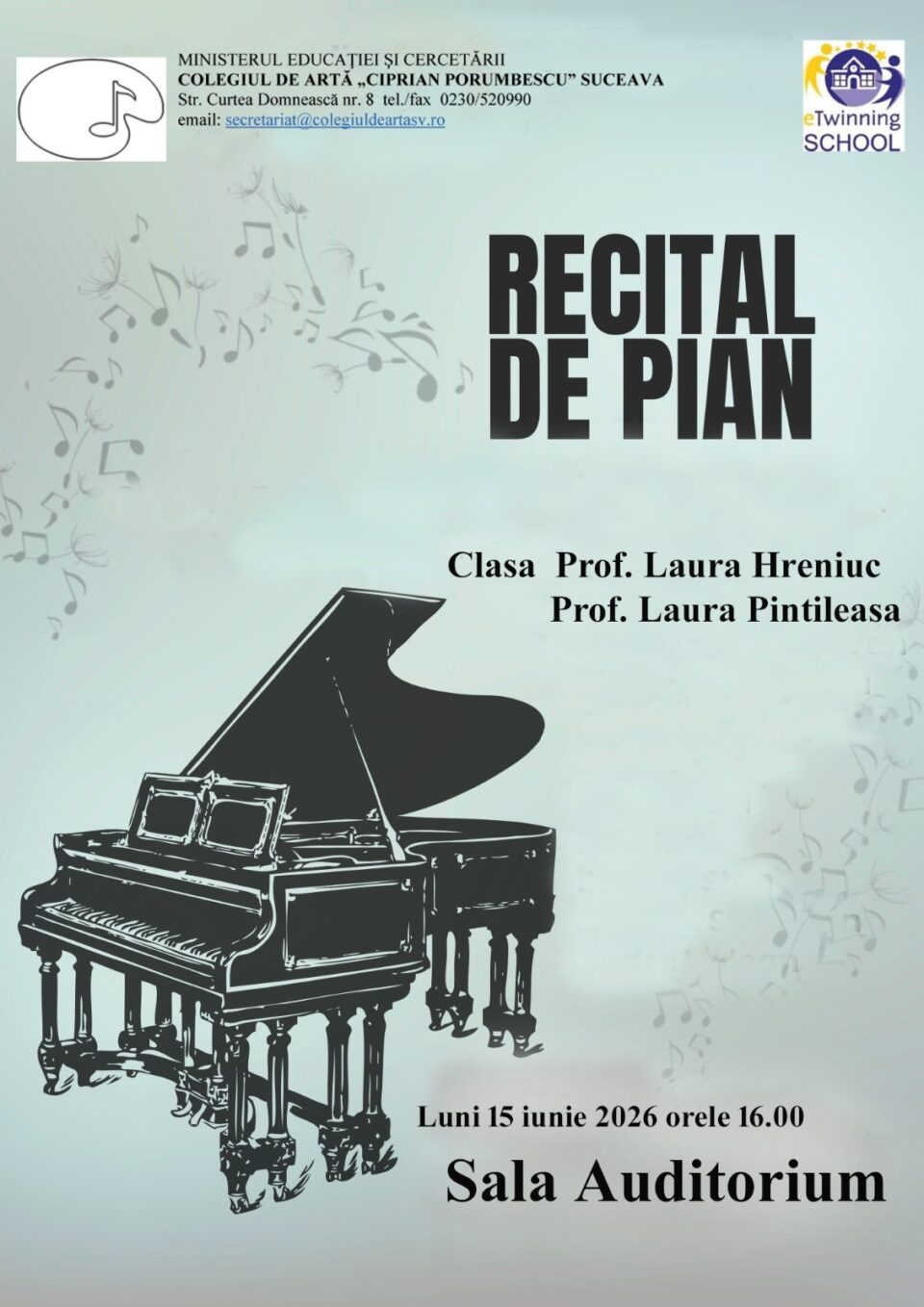 Recital de pian, luni, la Colegiul de Artă „Ciprian Porumbescu” Suceava