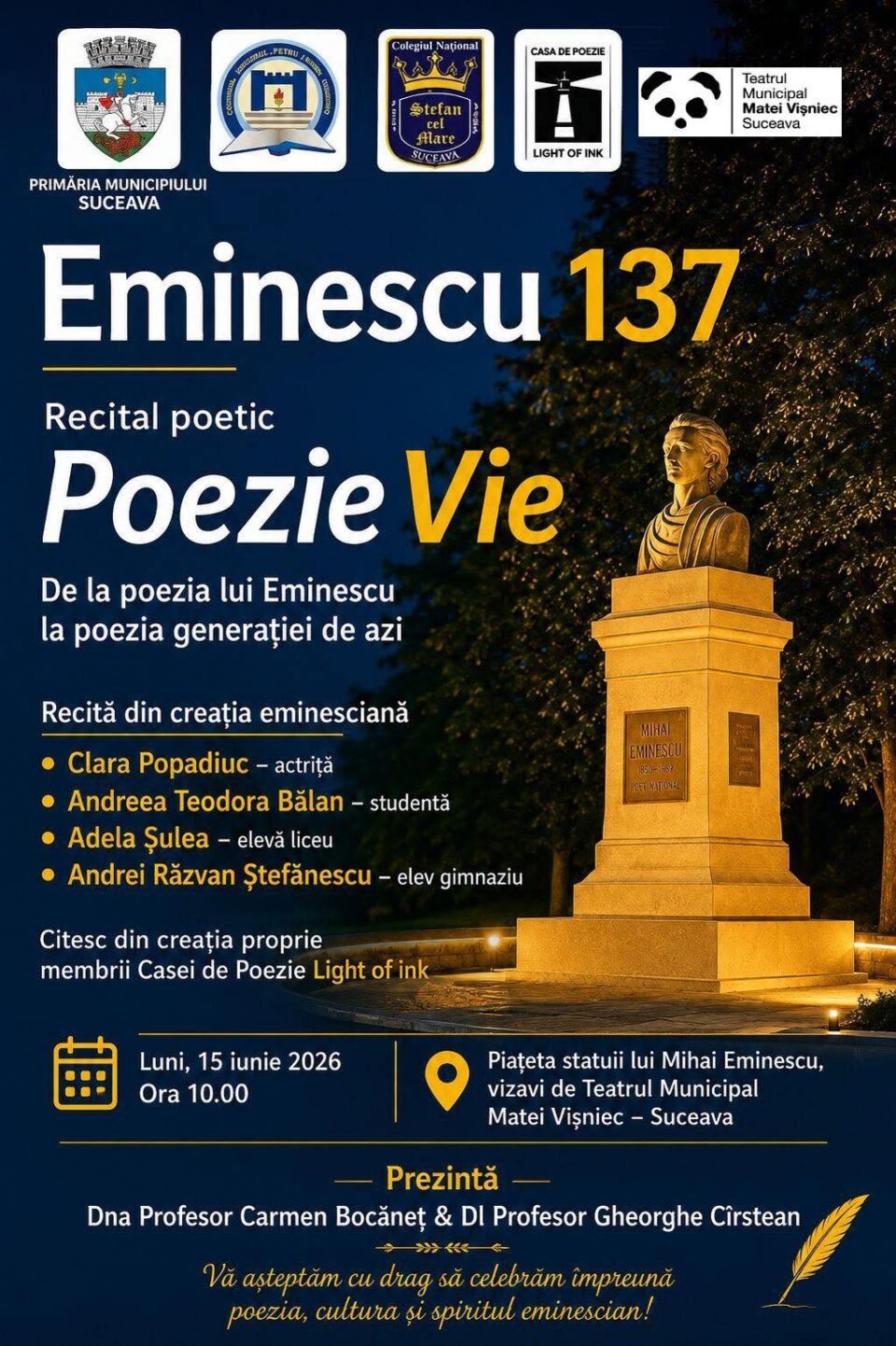 Recital poetic în piațeta statuii lui Mihai Eminescu, luni dimineață