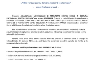 REABILITARE, MODERNIZARE ȘI AMENAJARE CENTRU SOCIAL IN COMUNA PĂLTINOASA, JUDEȚUL SUCEAVA – anunț final