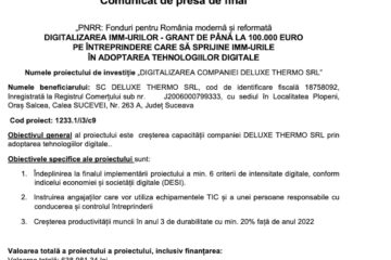 DIGITALIZAREA COMPANIEI DELUXE THERMO SRL – Anunț final