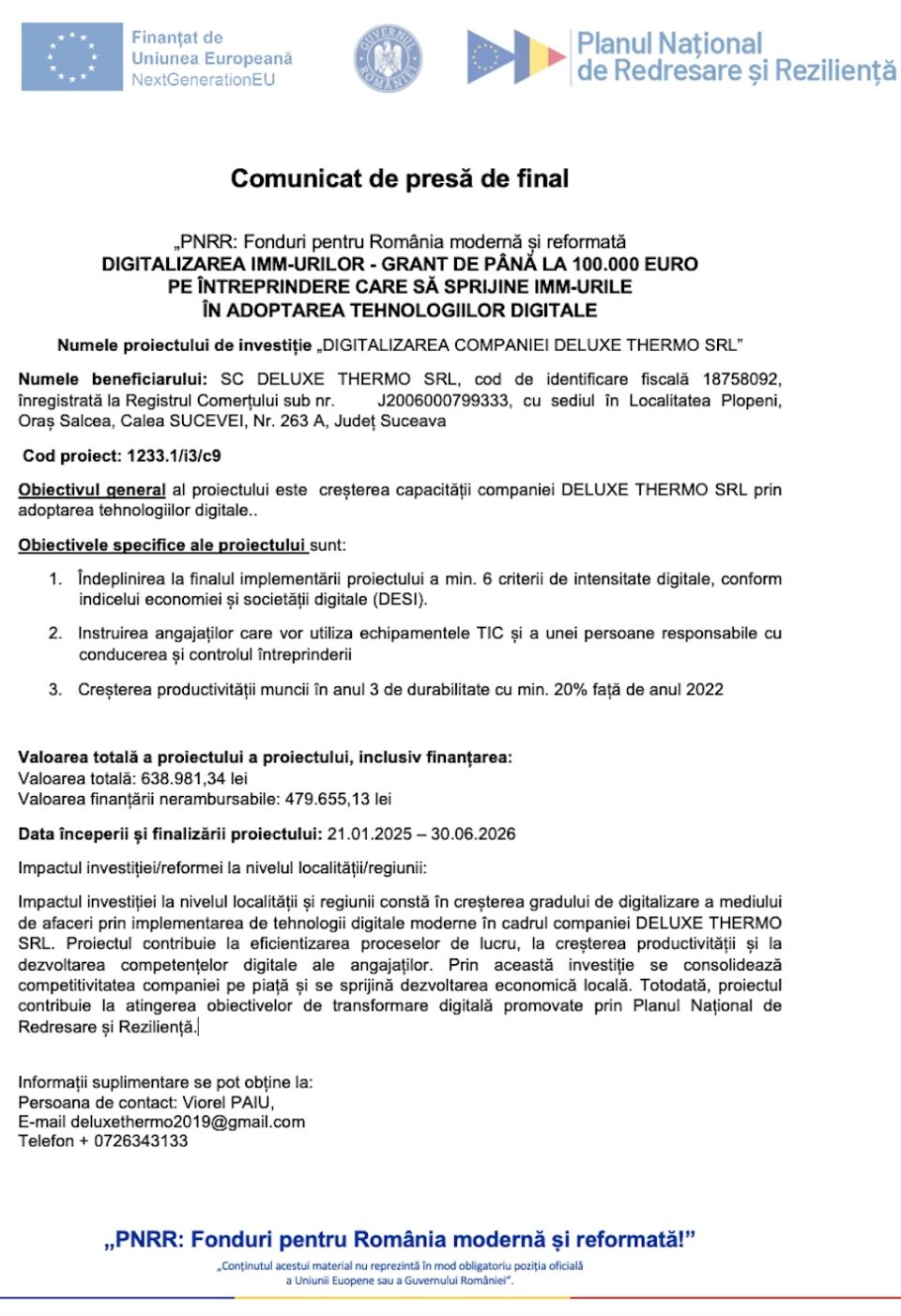 DIGITALIZAREA COMPANIEI DELUXE THERMO SRL – Anunț final