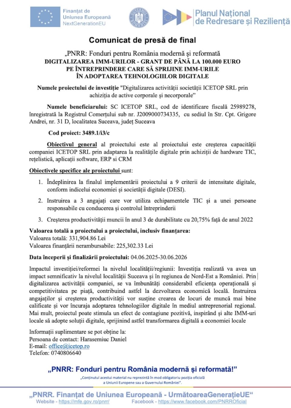 Digitalizarea activității societății ICETOP SRL prin achiziția de active corporale și necorporale – anunț final
