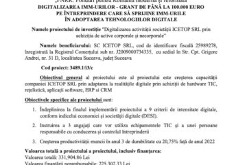 Digitalizarea activității societății ICETOP SRL prin achiziția de active corporale și necorporale – anunț final Digitalizarea activității societății ICETOP SRL prin achiziția de active corporale și necorporale – anunț final