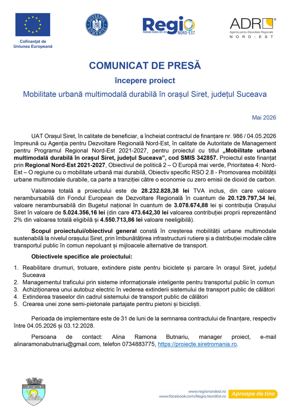 Începere proiect Mobilitate urbană multimodală durabilă în orașul Siret, județul Suceava Începere proiect Mobilitate urbană multimodală durabilă în orașul Siret, județul Suceava