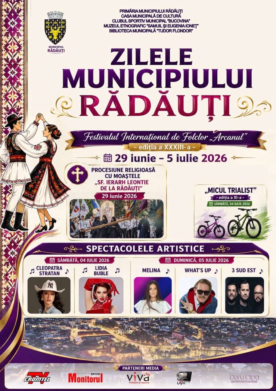 Rădăuțiul se pregătește de sărbătoare. Zilele Municipiului și Festivalul Internațional de Folclor „Arcanul” aduc o săptămână de tradiții, spectacole și invitați din nouă țări