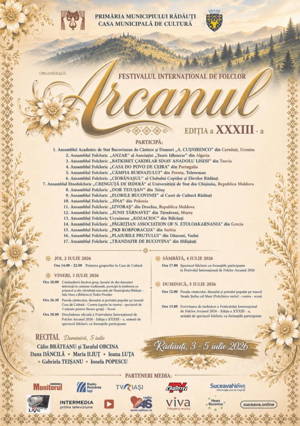 Rădăuțiul se pregătește de sărbătoare. Zilele Municipiului și Festivalul Internațional de Folclor „Arcanul” aduc o săptămână de tradiții, spectacole și invitați din nouă țări