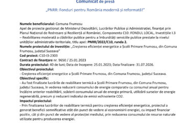 Creșterea eficienței energetice a Școlii Primare Frumosu, din Comuna Frumosu, județul Suceava Creșterea eficienței energetice a Școlii Primare Frumosu, din Comuna Frumosu, județul Suceava