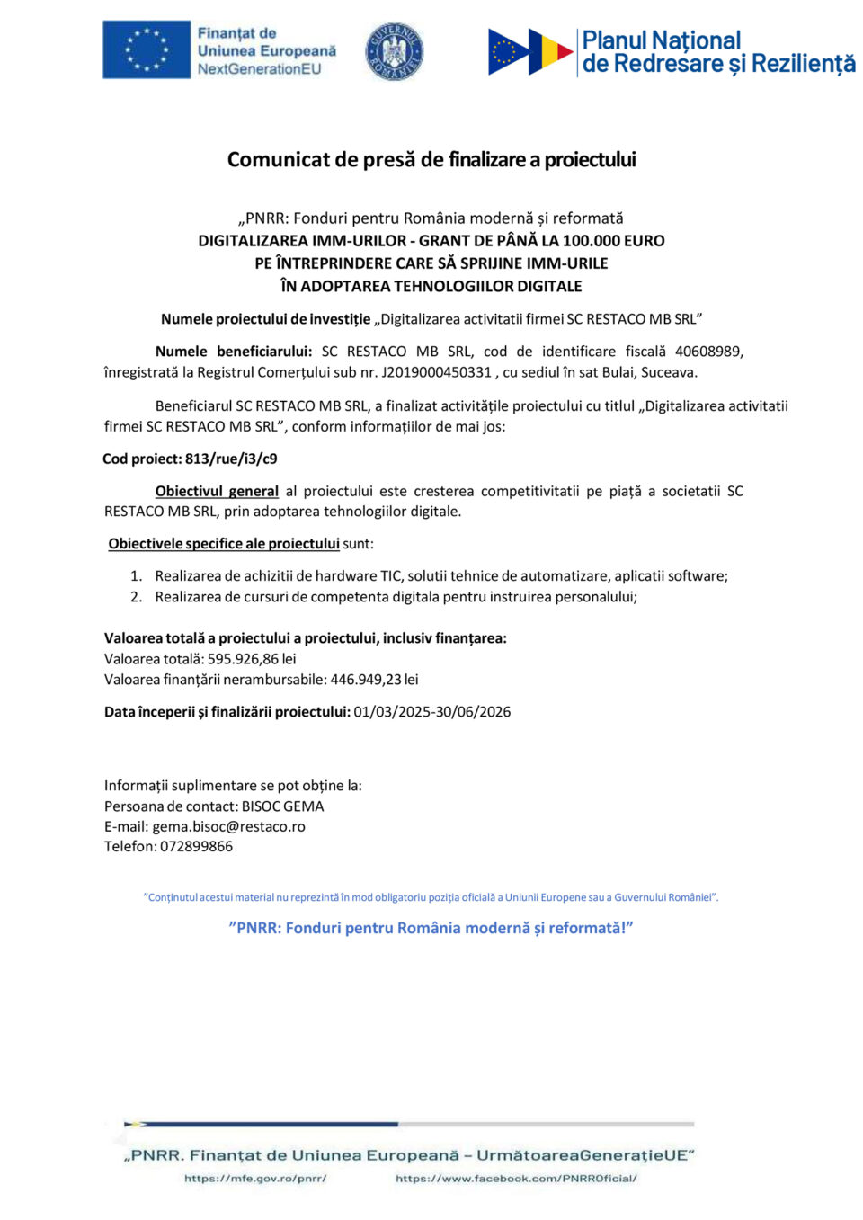 Digitalizarea activitatii firmei SC RESTACO MB SRL