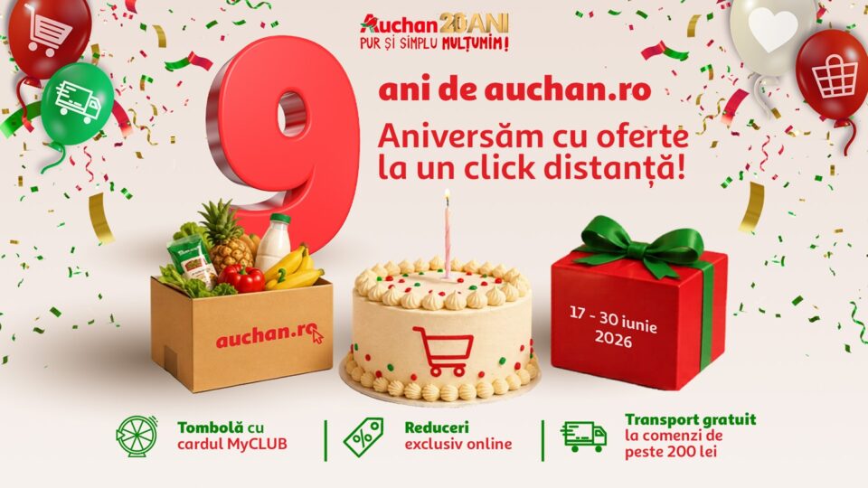 Auchan.ro sărbătorește 9 ani de cumpărături online: 10 milioane de produse livrate către clienți doar anul trecut Auchan.ro sărbătorește 9 ani de cumpărături online: 10 milioane de produse livrate către clienți doar anul trecut