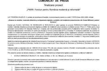 Dotarea cu mobilier, materiale didactice și echipamente digitale a unităților de învățământ preuniversitar din Orasul Milisauti, judetul Suceava Dotarea cu mobilier, materiale didactice și echipamente digitale a unităților de învățământ preuniversitar din Orasul Milisauti, judetul Suceava