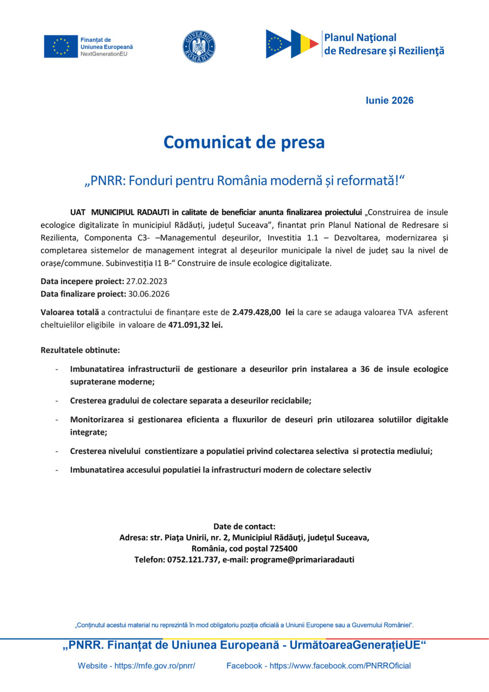 Construirea de insule ecologice digitalizate în municipiul Rădăuți, județul Suceava Construirea de insule ecologice digitalizate în municipiul Rădăuți, județul Suceava