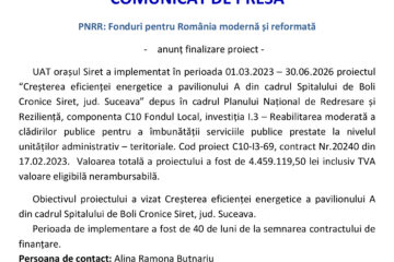 Creșterea eficienței energetice a pavilionului A din cadrul Spitalului de Boli Cronice Siret, jud. Suceava Creșterea eficienței energetice a pavilionului A din cadrul Spitalului de Boli Cronice Siret, jud. Suceava