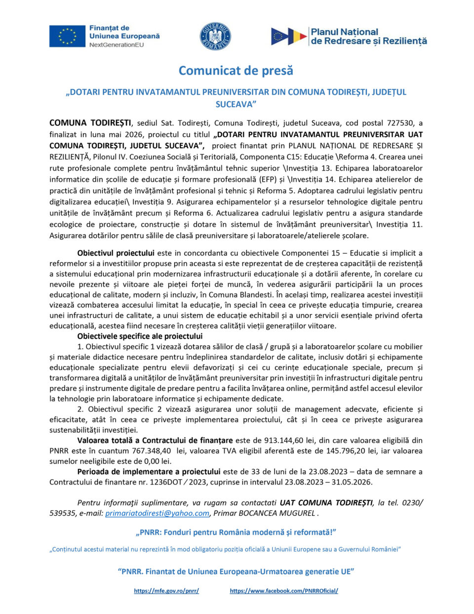 DOTARI PENTRU INVATAMANTUL PREUNIVERSITAR UAT COMUNA TODIREȘTI, JUDETUL SUCEAVA