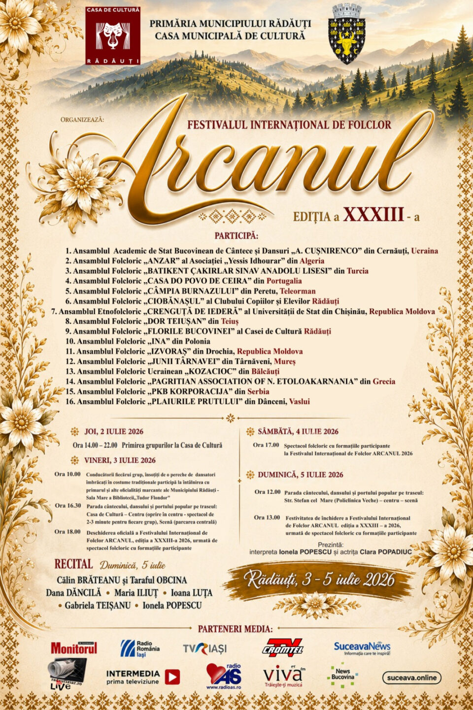 Peste 500 de artiști din țară și străinătate vin la Rădăuți, la Festivalul Internațional de Folclor „Arcanul”