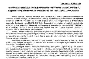 Dezvoltarea cooperării instituțiilor medicale în vederea creșterii prevenției, diagnosticării și tratamentului cancerului de sân-PREVENȚIE”, ID ROUA00363