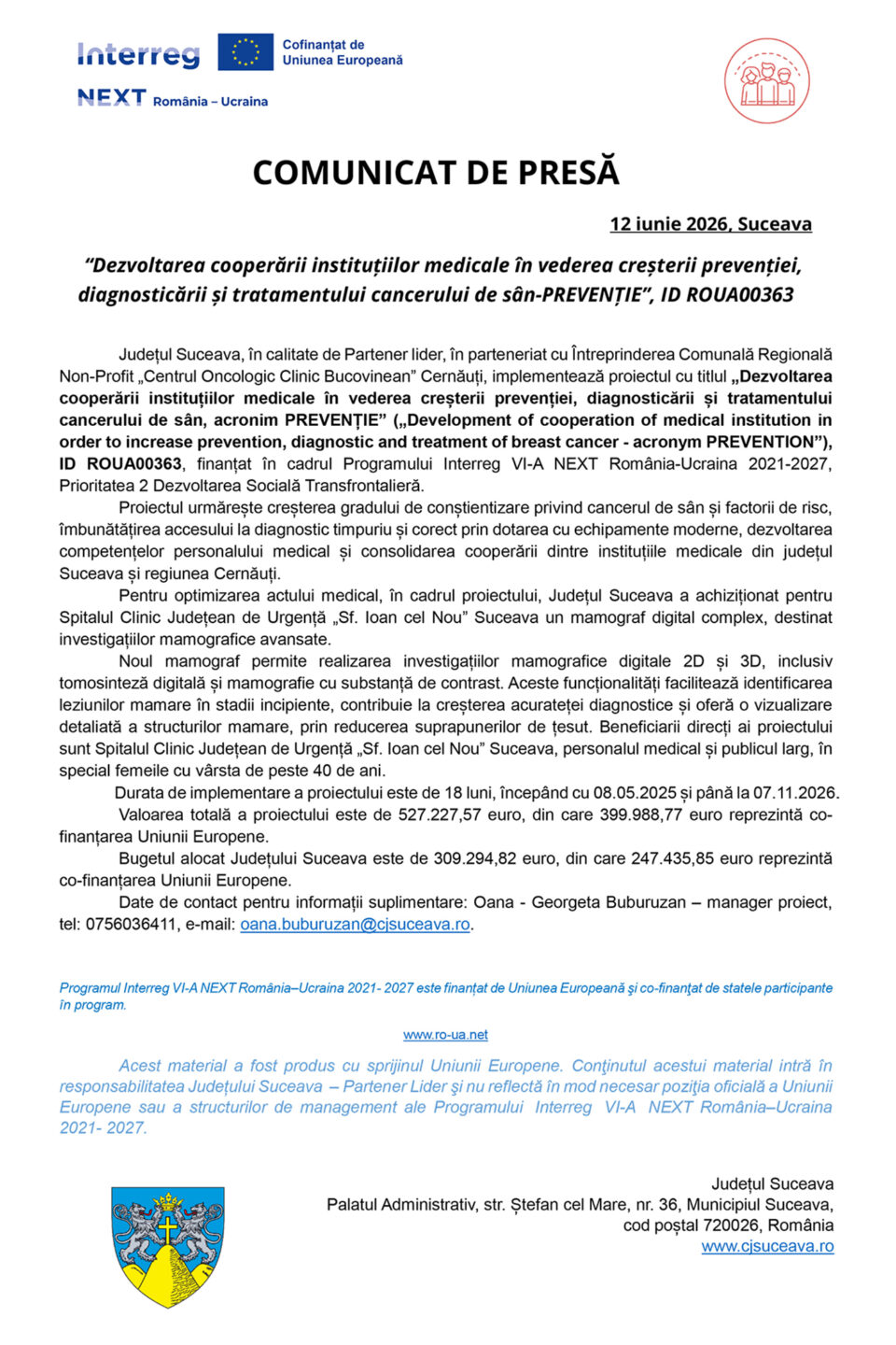 Dezvoltarea cooperării instituțiilor medicale în vederea creșterii prevenției, diagnosticării și tratamentului cancerului de sân-PREVENȚIE”, ID ROUA00363