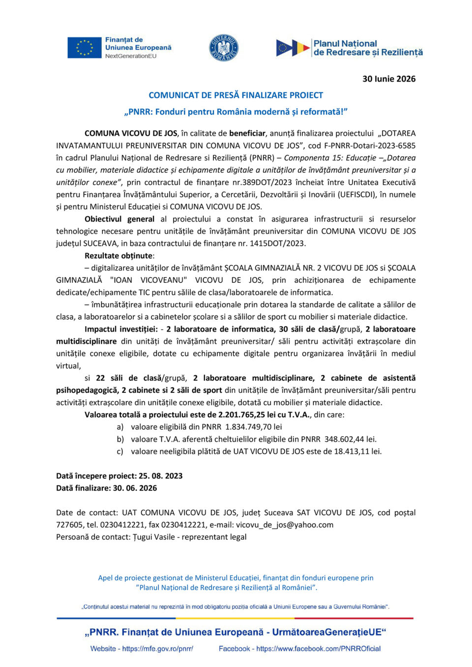 DOTAREA INVATAMANTULUI PREUNIVERSITAR DIN COMUNA VICOVU DE JOS DOTAREA INVATAMANTULUI PREUNIVERSITAR DIN COMUNA VICOVU DE JOS