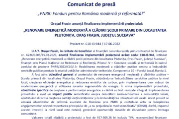 RENOVARE ENERGETICĂ MODERATĂ A CLĂDIRII ȘCOLII PRIMARE DIN LOCALITATEA PLUTONIȚA, ORAȘ FRASIN, JUDEȚUL SUCEAVA