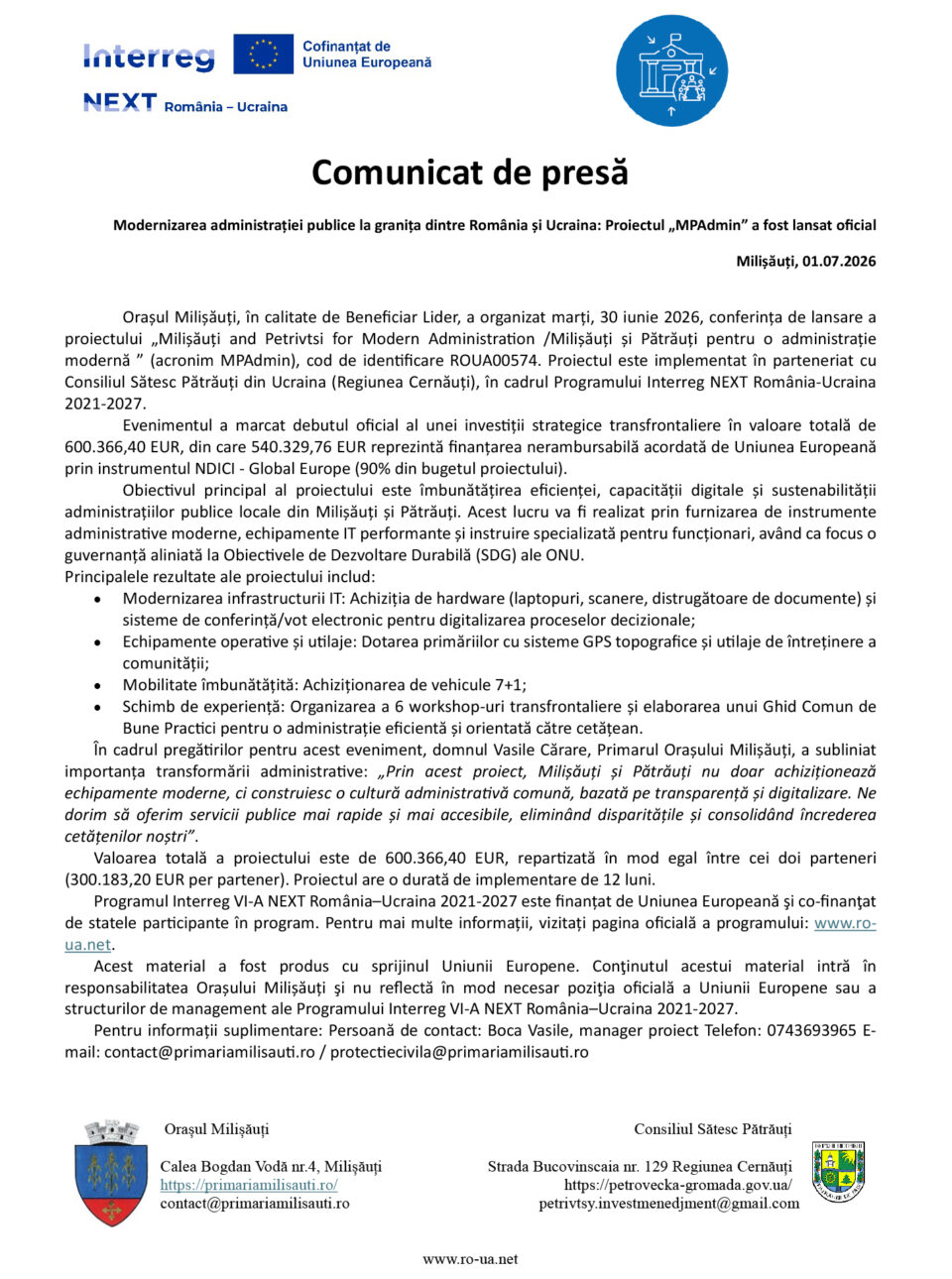 Milișăuți and Petrivtsi for Modern Administration/Milișăuți și Pătrăuți pentru o administrație modernă