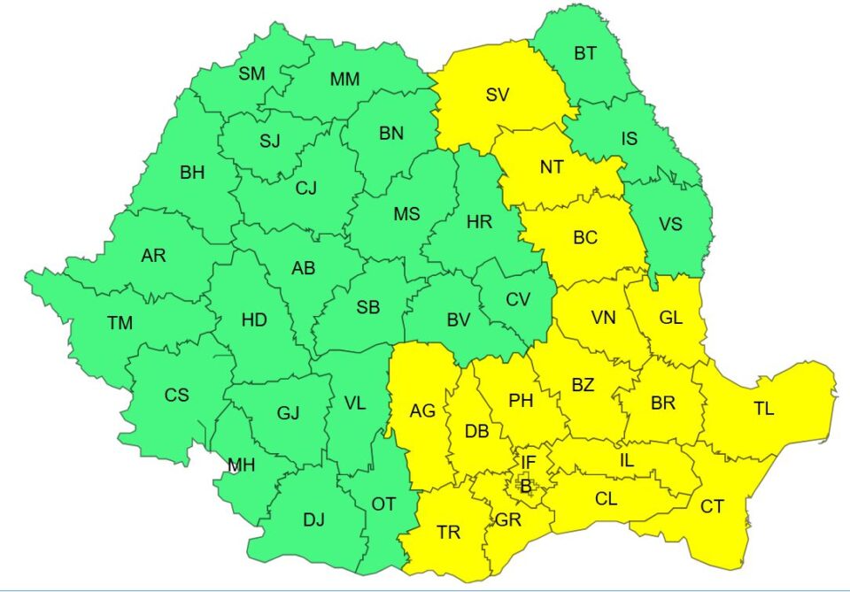 Cod galben de instabilitate atmosferică și averse însemnate cantitativ, până vineri dimineață